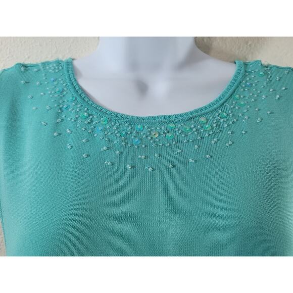 Teal Beaded Round Neck And Hem Sleeveless Top Medium Lightweight Keyhole Back - Picture 2 of 5